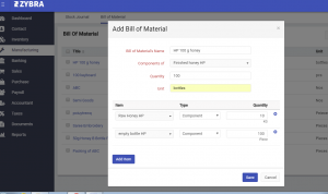 enter the receipe-bill of materials-zybra manufacturing